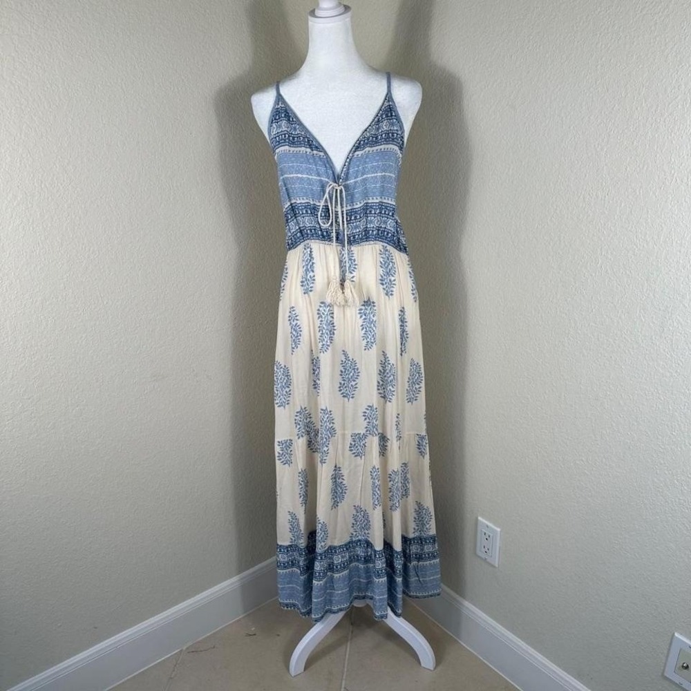 Conbipel Maxi Dress Women 48 Blue Boho Floral Viscose Tassel Tiered Italian-made